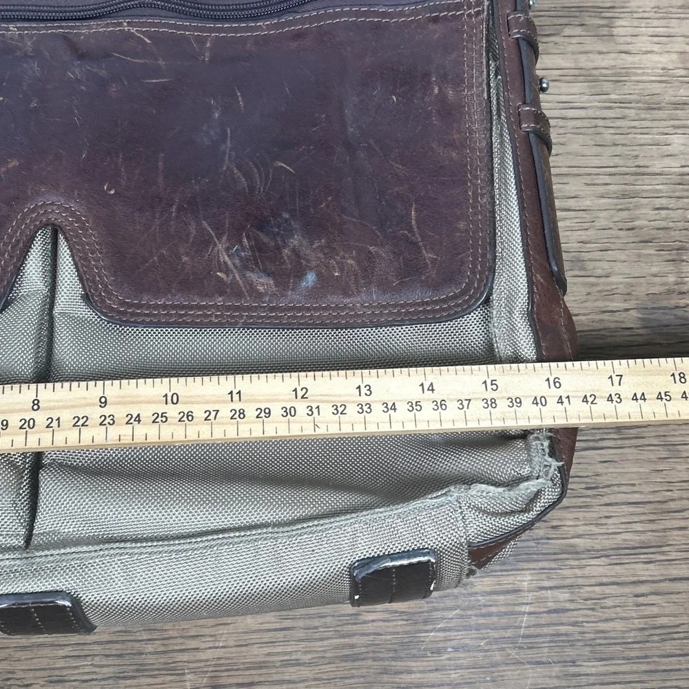 Fossil Messenger Bag Men's Green Brown Nylon Leather Case Carry Distressed